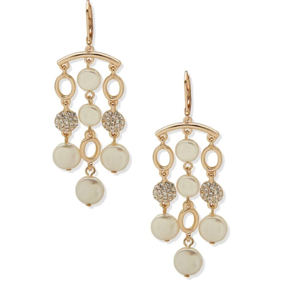 Anne Klein Gold Chandelier Earrings Pearl Crystal Stones NWT